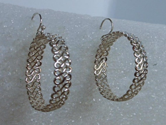 Vintage Silver Hoop Filigree Hoop Earrings ,  Lar… - image 5