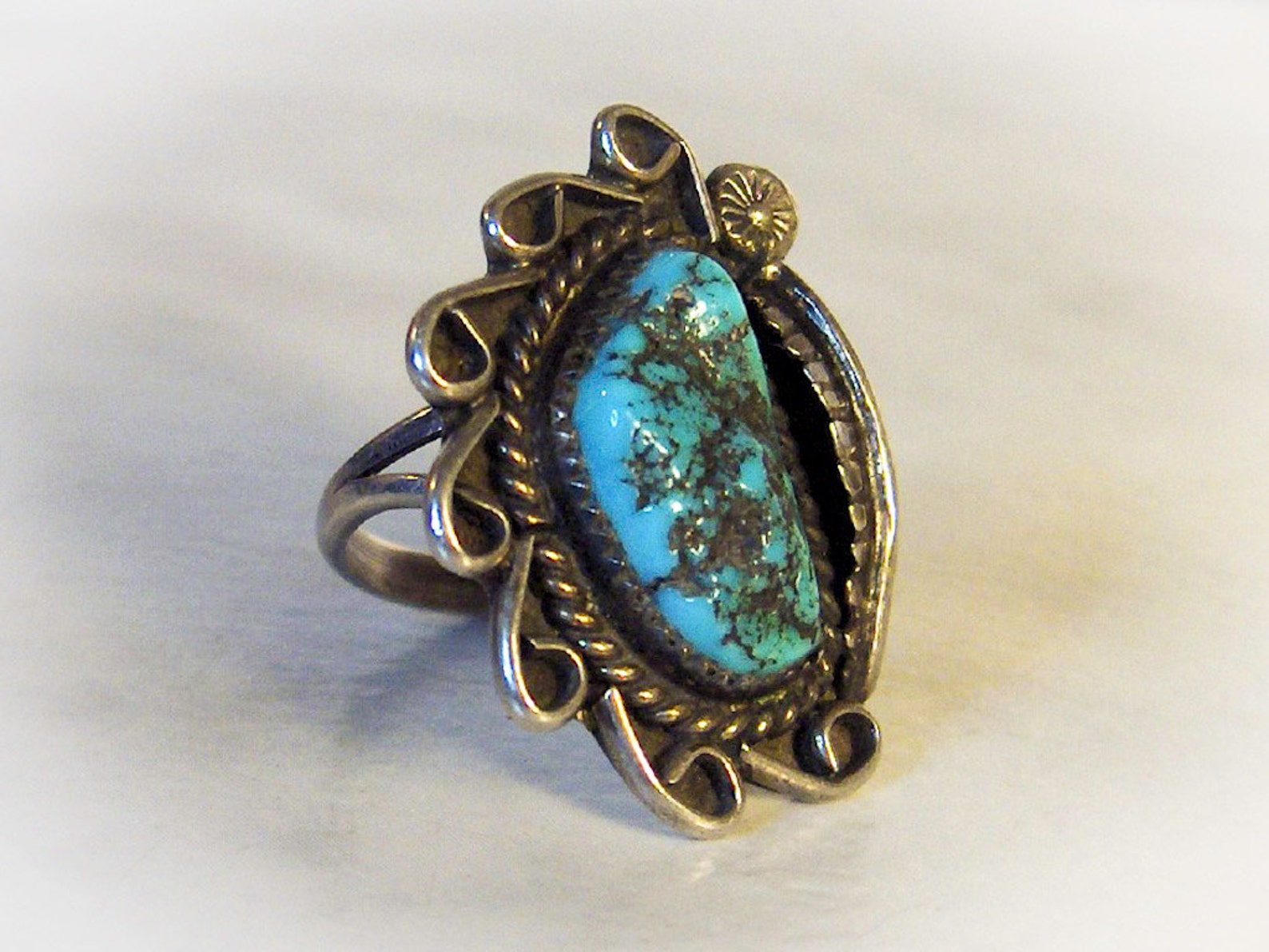 Vintage Sterling Turquoise Squash Blossom Ring Old Etsy