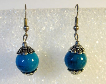 Vintage Blue Glass Ball Drop Earrings ,  Elegant Cupcake Setting , Drop Dangle