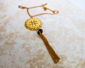 Vintage Gold Tone Medallion Bell Tassel Necklace  20 Inch