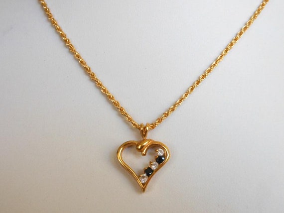 Vintage Gold Tone Blue Spinel & CZ Heart Pendant Necklace 17