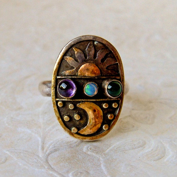 Moon sun star ring  sterling ring with amethyst opal emerald cabochons  size 9  artist signed Celestrial ring