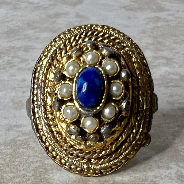 Vintage Gold Plated Lapis & Pearl Rhinestone Adjustable Princess Ring