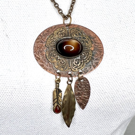 Vintage Tribal Copper Brass Large Oval Cats Eye P… - image 1