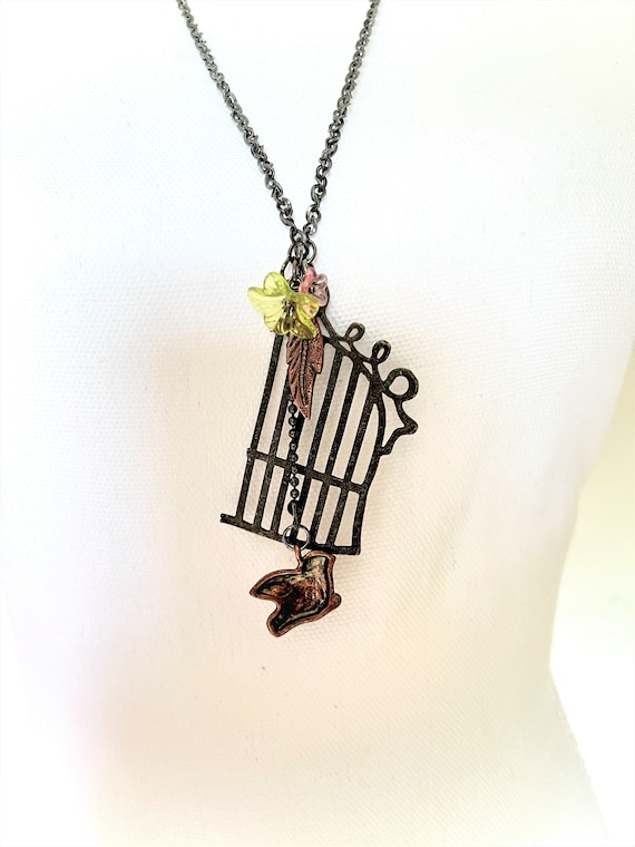 Vintage Bird Cage Pull Over Pendant Necklace Oxidi