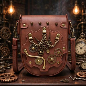 May include: A brown leather crossbody bag featuring a decorative front panel adorned with brass-toned metal gears, clock hands, and a draped chain. The bag includes brass studs, a flap closure, and a matching adjustable shoulder strap.