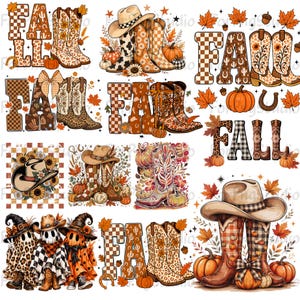 May include: A collection of digital illustrations featuring western-themed fall motifs, including cowboy hats, patterned cowboy boots, pumpkins, autumn leaves, sunflowers, and the word FALL in various checkered and decorative fonts.