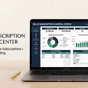 Può includere: Un computer portatile che mostra un modello Excel intitolato Bill & Subscription Control Center, con una dashboard che include un grafico a torta, un istogramma e tabelle per il monitoraggio delle spese, insieme al testo Track Bills, Manage Subscriptions, Control Your Spending.