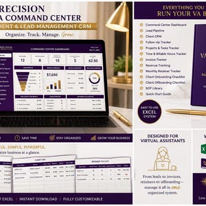 May include: A digital business management system for virtual assistants, featuring a laptop displaying a CRM dashboard, a branded notebook, and a mug. The interface includes trackers for leads, clients, projects, invoices, and revenue in Excel format.