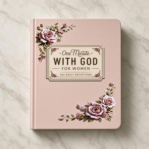 Puede incluir: Un libro de tapa dura con cubierta rosa polvorienta que presenta ilustraciones florales de rosas rosadas en las esquinas superior izquierda e inferior derecha. El centro contiene una etiqueta rectangular con el texto One Minute WITH GOD FOR WOMEN 365 DAILY DEVOTIONS.