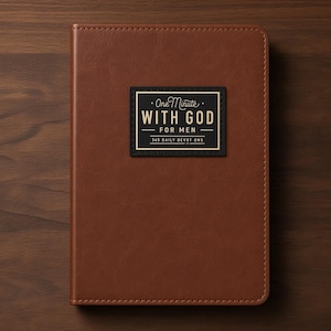 Puede incluir: Un diario con textura de cuero marrón y una etiqueta negra rectangular centrada en la portada. La etiqueta presenta el texto dorado "One Minute WITH GOD FOR MEN 365 DAILY DEVOTIONS" dentro de un borde dorado fino y líneas decorativas.