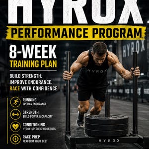 May include: A black and white graphic poster for an 8-week Hyrox performance training program. The text includes Run, Sled, Strength, Endurance, and details on a 6-day-per-week structured plan. It features a person pushing a weighted sled.