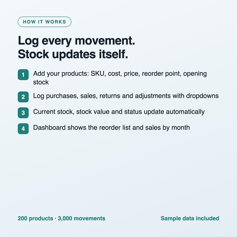 Inventory Tracker Spreadsheet, Small Business Stock Tracker with Reorder Alerts, Product Inventory Template, Excel and Google Sheets image 3