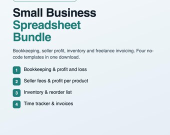 Paquete de hojas de cálculo para pequeñas empresas: contabilidad, inventario, cálculo de ganancias del vendedor y plantillas de facturas para autónomos, compatibles con Excel y Google Sheets.