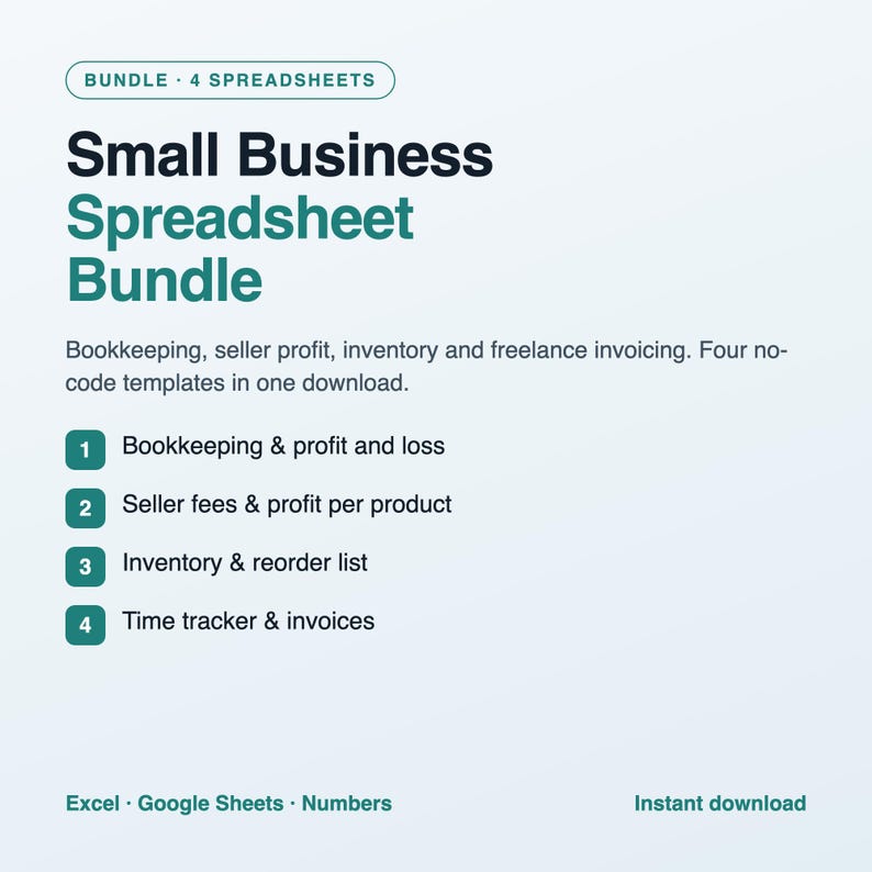 Ensemble de feuilles de calcul pour petites entreprises : comptabilité, inventaire, profit vendeur et modèles de factures pour indépendants, Excel et Google Sheets image 1