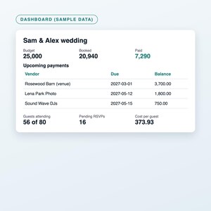 Wedding Budget Planner Spreadsheet, Wedding Budget Tracker with Vendor Payments and Guest List RSVP, Excel and Google Sheets Template image 2