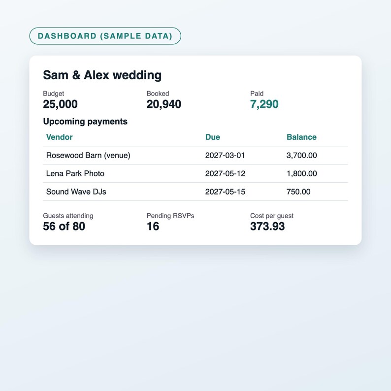 Wedding Budget Planner Spreadsheet, Wedding Budget Tracker with Vendor Payments and Guest List RSVP, Excel and Google Sheets Template image 2