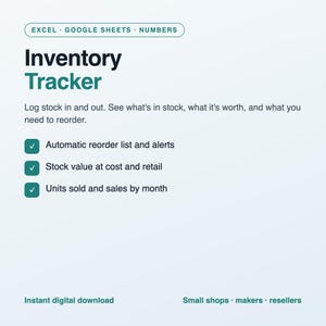 May include: A digital inventory tracker template compatible with Excel, Google Sheets, and Numbers. The document features a dark teal title, a description of stock management functions, and a list of features including reorder alerts, stock value tracking, and monthly sales data.