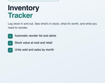 Hoja de cálculo para el seguimiento del inventario, sistema de seguimiento de existencias para pequeñas empresas con alertas de reposición, plantilla de inventario de productos, compatible con Excel y Google Sheets.