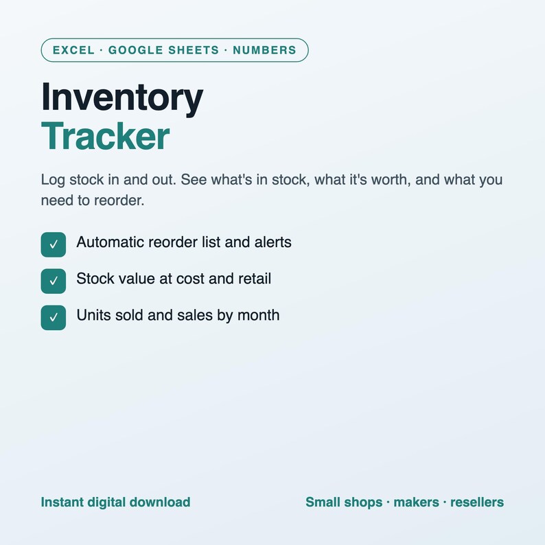 Inventory Tracker Spreadsheet, Small Business Stock Tracker with Reorder Alerts, Product Inventory Template, Excel and Google Sheets image 1