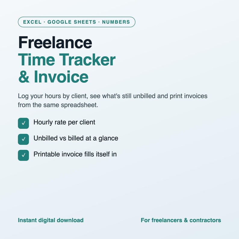Freelance Time Tracker and Invoice Template, Hourly Billing Spreadsheet for Freelancers and Contractors, Excel and Google Sheets image 1