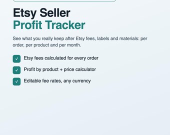 Plantilla para vendedores de Etsy: hoja de cálculo, calculadora de ganancias y comisiones, registro de pedidos y gastos, calculadora de precios, Excel y Google Sheets.