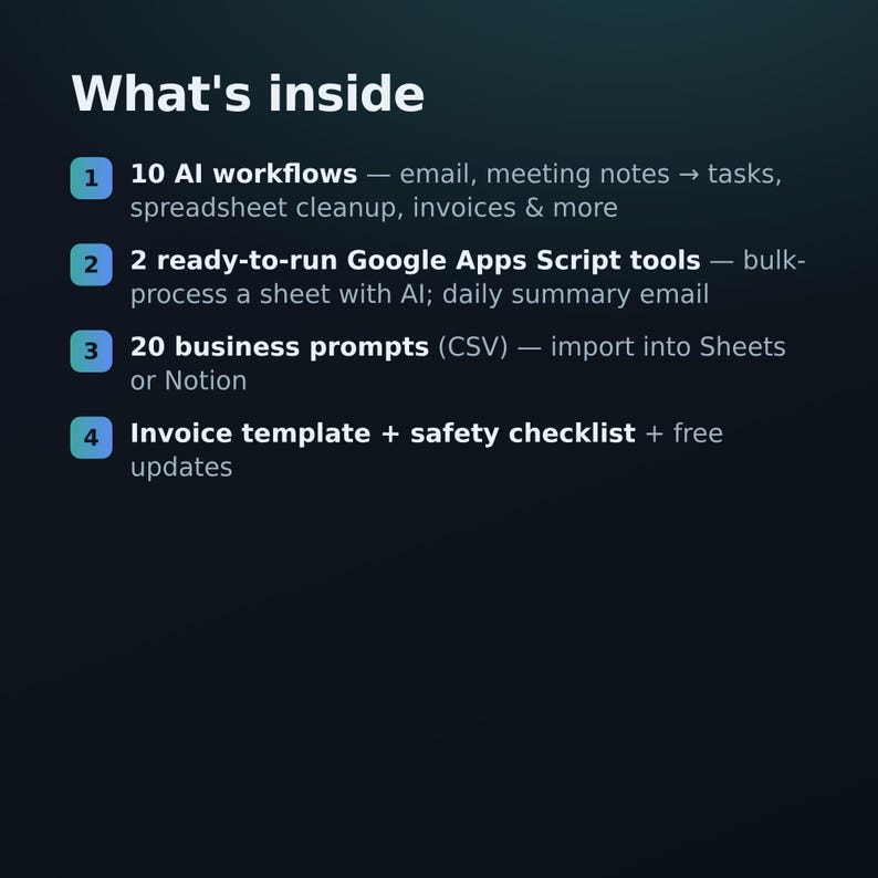 ChatGPT Prompts + AI Automation Toolkit — 20 Business Prompts, No-Code Guide & Google Sheets Scripts (Instant Download) image 2