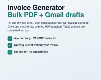 Generador de facturas para Google Sheets, facturas PDF masivas + borradores de Gmail, automatización con Apps Script para autónomos y pequeñas empresas, descarga instantánea.