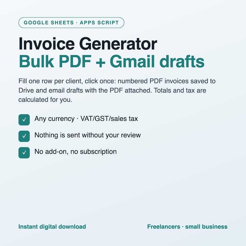 Google Sheets Invoice Generator, Bulk PDF Invoices + Gmail Drafts, Apps Script Automation for Freelancers & Small Business, Instant Download image 1