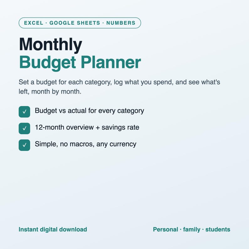 Monthly Budget Planner Spreadsheet, Budget vs Actual Tracker, Expense and Savings Tracker, Excel and Google Sheets Template image 1