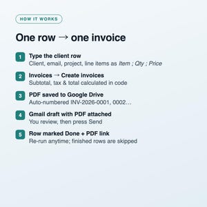 Google Sheets Invoice Generator, Bulk PDF Invoices + Gmail Drafts, Apps Script Automation for Freelancers & Small Business, Instant Download image 3