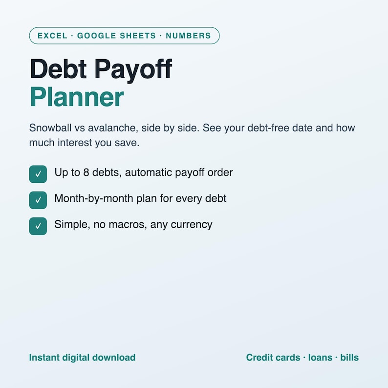 Planificador de pago de deudas (hoja de cálculo), calculadora de bola de nieve y avalancha, seguimiento de pagos de tarjetas de crédito y préstamos, Excel y Google Sheets. imagen 1