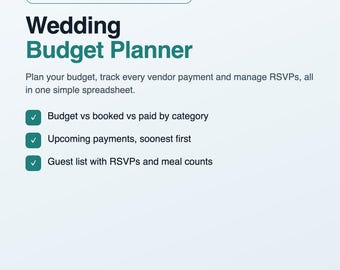Peut inclure: Un tableur numérique de planification de budget de mariage compatible avec Excel, Google Sheets et Numbers. Le texte indique : Wedding Budget Planner, Plan your budget, track every vendor payment and manage RSVPs, all in one simple spreadsheet.