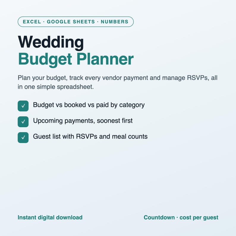 Wedding Budget Planner Spreadsheet, Wedding Budget Tracker with Vendor Payments and Guest List RSVP, Excel and Google Sheets Template image 1