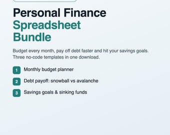 Paquete de hojas de cálculo de finanzas personales, planificador de presupuesto mensual, método de bola de nieve para el pago de deudas y seguimiento de objetivos de ahorro, Excel y Google Sheets