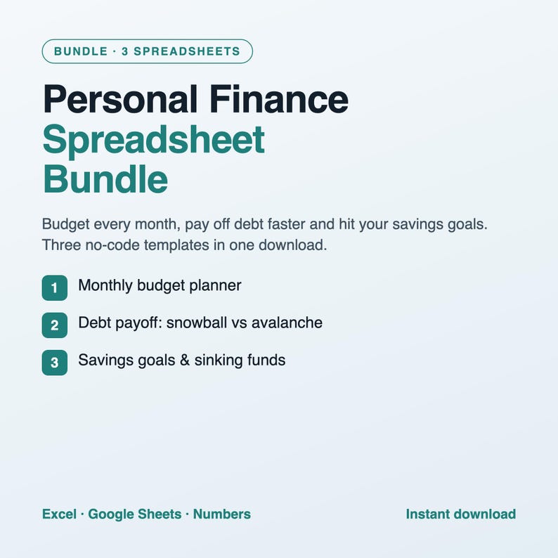 Personal Finance Spreadsheet Bundle, Monthly Budget Planner, Debt Payoff Snowball and Savings Goals Tracker, Excel and Google Sheets image 1