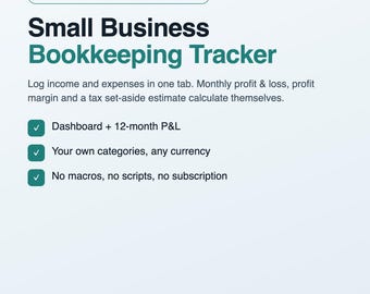 Peut inclure: Un outil de suivi comptable pour petite entreprise compatible avec Excel, Google Sheets et Numbers. Le texte détaille des fonctionnalités comme un tableau de bord, un compte de résultat sur 12 mois, des catégories personnalisées et sans abonnement.