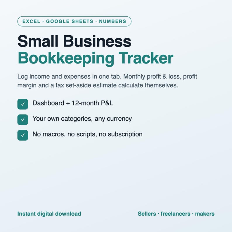 Small Business Bookkeeping Spreadsheet, Income and Expense Tracker, Monthly Profit and Loss, Excel and Google Sheets Template, Download image 1