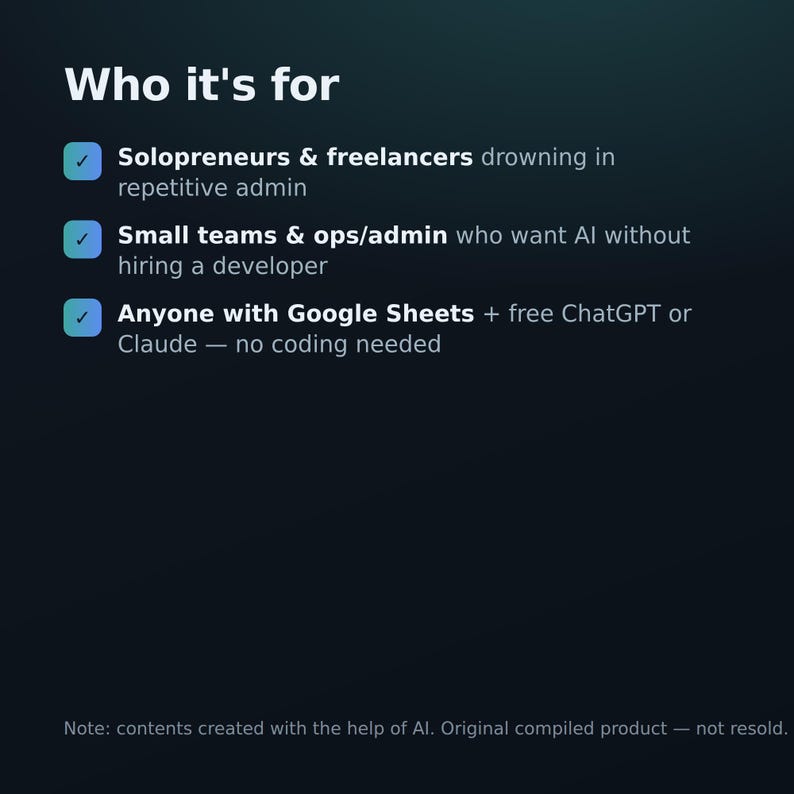 ChatGPT Prompts + AI Automation Toolkit — 20 Business Prompts, No-Code Guide & Google Sheets Scripts (Instant Download) image 4