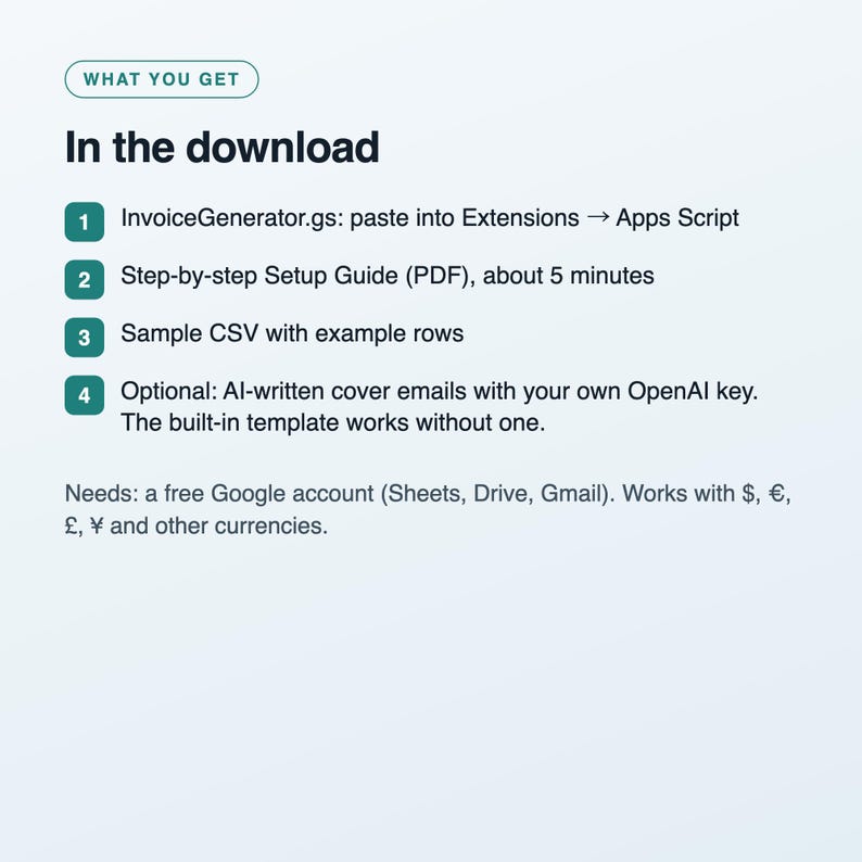 Google Sheets Invoice Generator, Bulk PDF Invoices + Gmail Drafts, Apps Script Automation for Freelancers & Small Business, Instant Download image 4