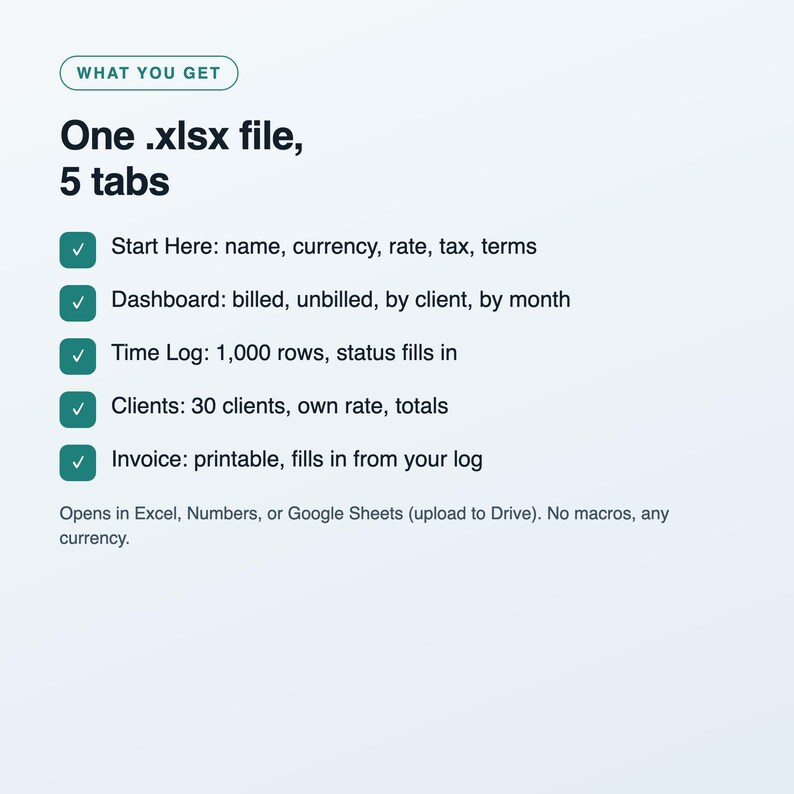 Freelance Time Tracker and Invoice Template, Hourly Billing Spreadsheet for Freelancers and Contractors, Excel and Google Sheets image 4
