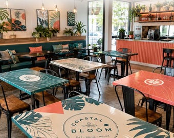 Custom Restaurant Table Wraps – Laminated Waterproof Vinyl Branding (Multiple Sizes)