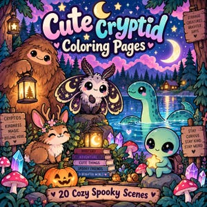 Puede incluir: Una ilustración digital titulada Cute Cryptid Coloring Pages que muestra un sasquatch marrón, una criatura polilla, un jackalope, una serpiente marina y un alienígena. La escena incluye linternas, libros, cristales, setas y el texto 20 Cozy Spooky Scenes.