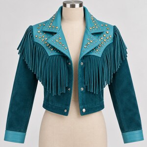 Damen-Wildlederjacke in Türkis mit Fransen, kurzer Western-Cowgirl-Mantel aus Leder mit Nietenbesatz