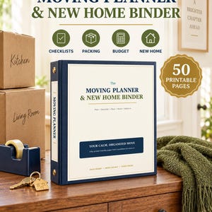 Op de afbeelding: Een donkerblauwe map getiteld The Moving Planner & New Home Binder met 50 printbare pagina's. De omslag bevat tekst zoals Plan, Declutter, Pack, Move, Settle In en Your Calm, Organized Move. Het is een directe PDF-download.