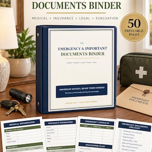 Peut inclure: Un classeur bleu foncé intitulé Emergency & Important Documents Binder avec 50 pages imprimables. La couverture porte les mentions Medical, Insurance, Legal, Evacuation et Prepare, Organize, Locate, Protect, Share. Quatre modèles sont visibles.