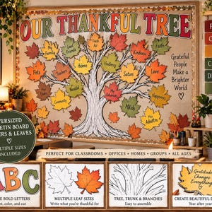 May include: A bulletin board display titled Our Thankful Tree featuring a large illustrated tree trunk and branches surrounded by colorful paper maple leaves in red, orange, yellow, and green. Each leaf contains handwritten text about gratitude.
