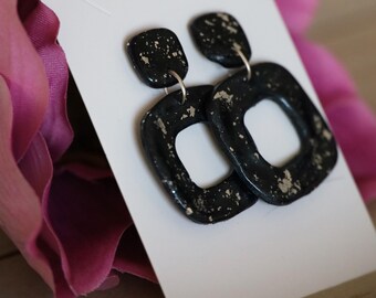 Black polymer clay earrings - square with silver flakes
