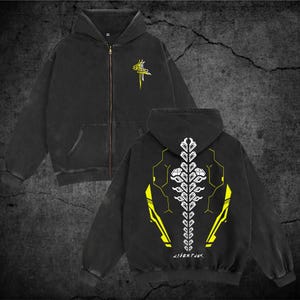 Cyberpunk Sci Fi Washed Sweatshirt, Double Sided Futuristic Gaming Graphic Crewneck, Vintage Y2K Streetwear