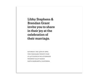 PRINTED Simple Modern Typographic Square Wedding Event Invitation from the Libby Suite